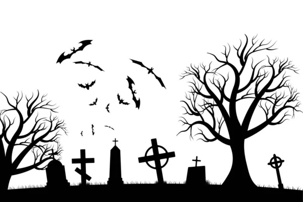 Halloween Aterrador Fondo Del Cementerio Con Árboles Cruces Murciélagos Halloween — Vector de stock