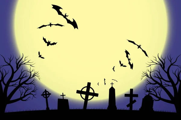 Halloween Děsivé Hřbitov Pozadí Stromy Kříže Netopýry Halloween Silueta Náhrobku — Stockový vektor