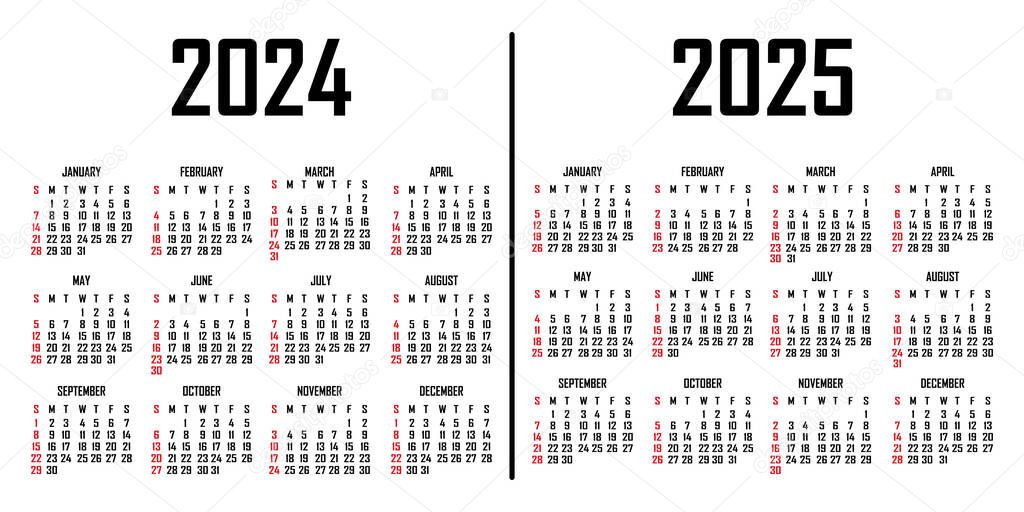 Calendario 20242025. La semana comienza el domingo. Plantilla de