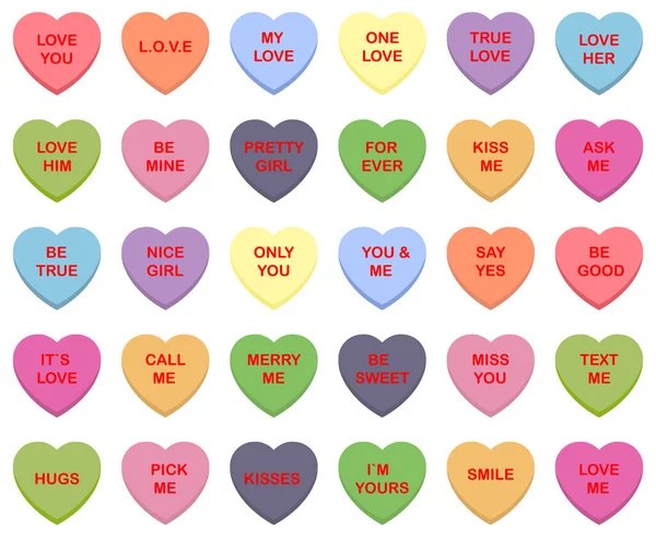 Tatlı kalp şekerler. Küçük şekerler, Sevgililer Günü için şekerlemeler, kalp şekerlerinden yemekler. Beyaz arka planda izole edilmiş bir dizi tatlı kalp şekeri. Vektör illüstrasyonu