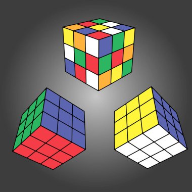 Rubik küpü farklı pozisyonlarda, gerçekçi bir şekilde izole edilmiş. Editoryal izometrik illüstrasyon. Rubik Küpü, 1974 yılında Profesör Erno Rubik tarafından icat edilen 3 boyutlu bir bulmaca. Vektör illüstrasyonları
