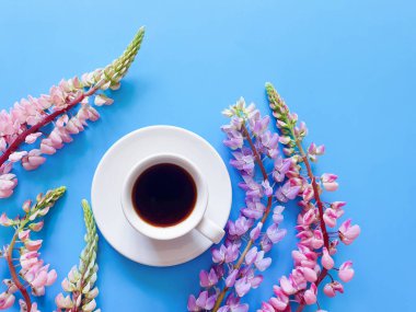 Koyu mavi arka planda siyah kahve ve pembe şeftali çiçekli bir fincanın üst görüntüsü. Uzun saplı Lupine. Aroma ve günaydın konsepti. Yassı yaşam biçimi, kopyalama alanı.