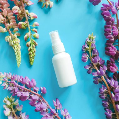 Üst manzara ve yakın plan beyaz plastik sprey sprey şişesinin maketi ve mavi arka planda çiçek lupunu kompozisyonu. Doğal organik kaplıca ve sıvı antimikrobik sprey konsepti. Düz yatış tarzı.