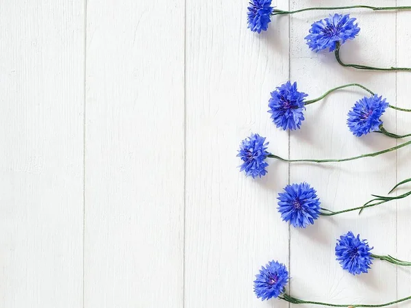 Çiçeklerin en üst köşesindeki mavi çiçekleri eski püskü beyaz ahşap arka planda görebilirsiniz. Çiçek çizgisi, düz çizgi, yatay fotoğraf.