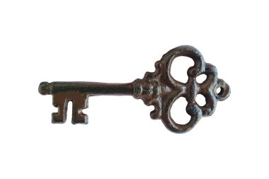 Beyaz arka planda izole edilmiş büyük eski demir anahtar. Üst görünüm.