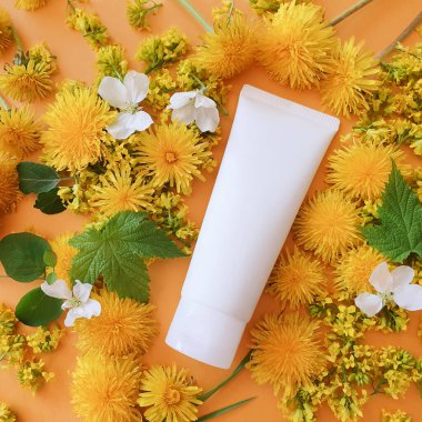 İlaç ya da kozmetik ürünleri markalaştırmak için kullanılan beyaz sıkılmış plastik tüplerin üst görüntüsü. Krem, jöle, cilt bakımı. Kozmetik şişe kabı ve parlak turuncu arka planda karahindiba çiçekleri.