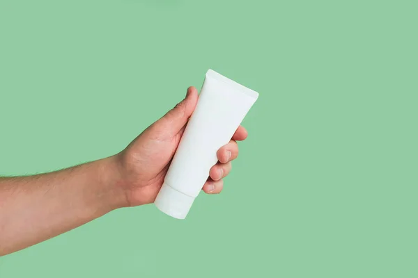 Mockup Unbranded White Bottle Tube Branding Label Male Hand Green — Stock Photo, Image