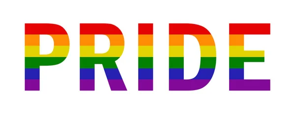 Beyaz arkaplanda gökkuşağı renkli PRIDE metni, cinsel yönelimi kutluyor.