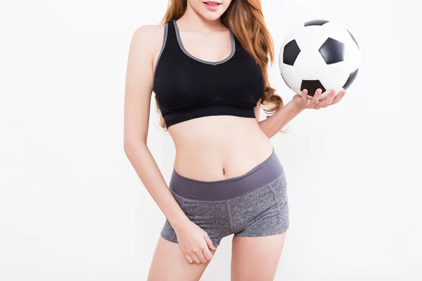 Sexy Corpo Mulher Artigos Esportivos Com Bola Futebol Isolada Fundo — Fotografia de Stock