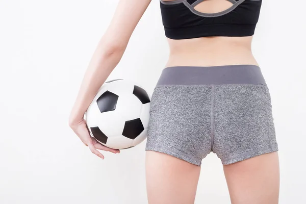 Sexy Corpo Mulher Artigos Esportivos Com Bola Futebol Isolada Fundo — Fotografia de Stock