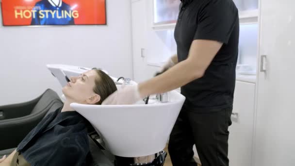 Hairdresser Combing Client Hair — Stock Video