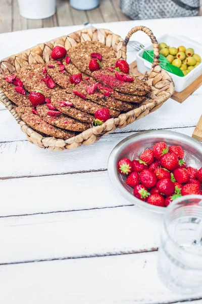 Healthy Homemade Strawberries Biscuits Oat Flakes Laid White Garden Rustic — Stock Photo, Image