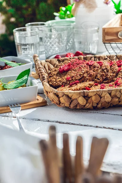 Healthy Homemade Strawberries Biscuits Oat Flakes Laid White Garden Rustic — Stock Photo, Image