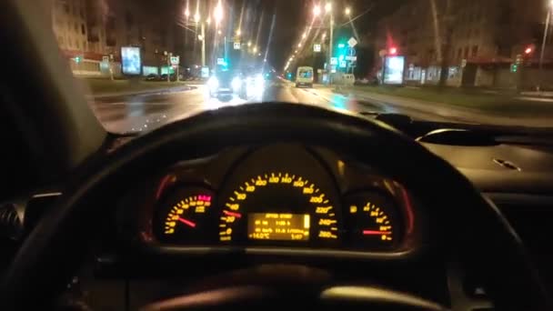 Timelapse Passeio Carro Pela Cidade Noturna Partir Assento Motorista — Vídeo de Stock