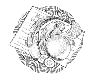 Kızarmış kedi balığı ve pilav Endonezya sokak yemekleri el çizimleri beyaz izolasyon arka plan tasarımı çizimleri