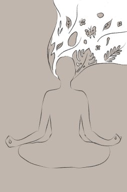 Farkındalık dişisi zihinsel sağlık çiçeği için yoga yapıyor ve kafasından ve saçından yapraklar çiziyor.
