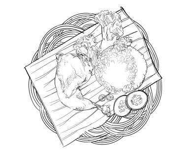 Kızarmış tavuk sosu, sebze aromalı el çizimi, beyaz izolasyon arka planı çiziyor.