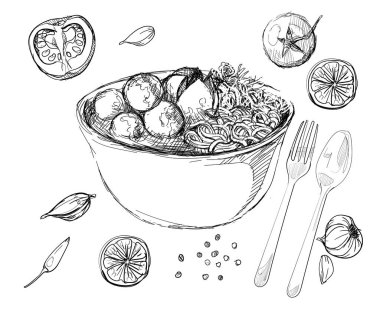 Bakso 'nun orijinal Endonezya yemek köftesi çorbası eli beyaz izolasyon arka planı çizer.