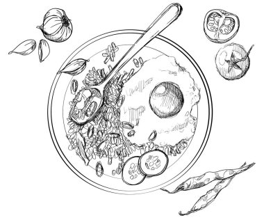 Kızarmış pirinç, güneşte pişmiş yumurta, Endonezya mutfağının orijinal el çizimleri, beyaz izolasyon arka planı.