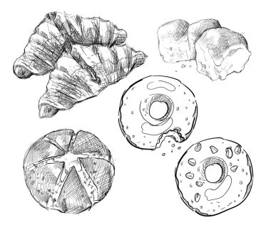 Kore sarımsaklı peynirli çörek kruvasan poğaçalı el çizimleri beyaz izole arkaplan çizimleri