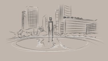 El çizimi anıt hoş geldin jakarta skeç panoramik manzara metropol siluet binası vektör illüstrasyon ile