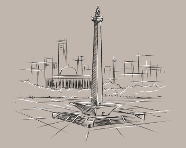 Cakarta Endonezya ikonundaki Monas Ulusal Anıtı. Çizim el düz vektör çizimi.