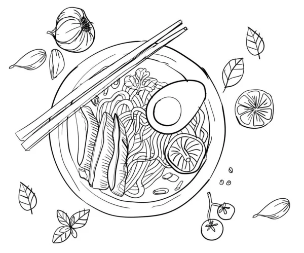 Fideos auténtica comida culinaria asiática dibujado a mano bocetos blanco aislamiento fondo — Vector de stock