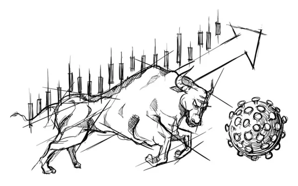 Bull lucha contra la tendencia positiva del mercado del virus corona durante la pandemia dibujado a mano bocetos blanco aislado fondo — Vector de stock