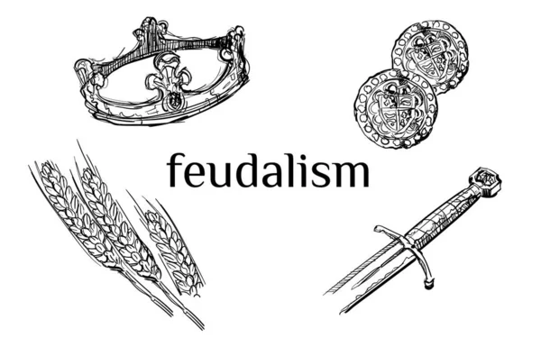 Feudalism icon set collectie kroon zwaard munt tarwe hand getekend schetsen wit geïsoleerde achtergrond — Stockvector