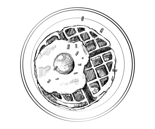 Gofre con yema de huevo frito topping vista superior bocetos dibujo a mano blanco aislado fondo — Archivo Imágenes Vectoriales