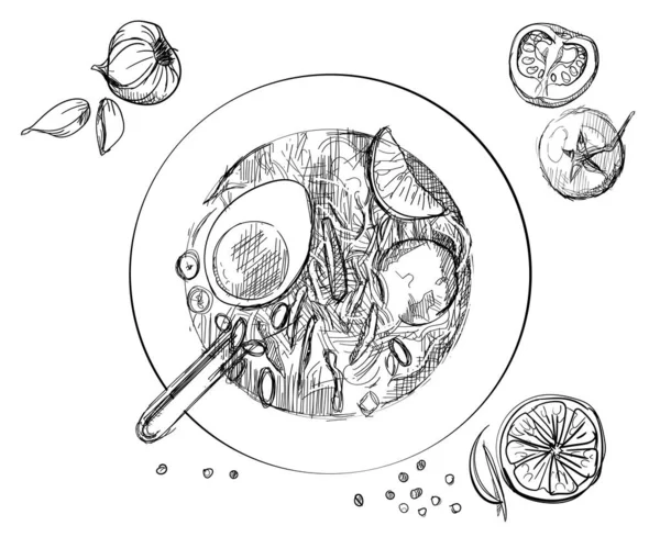 Soto viande poulet soupe culinaire indonésien saveur dessinée à la main esquisses fond d'isolement blanc — Image vectorielle