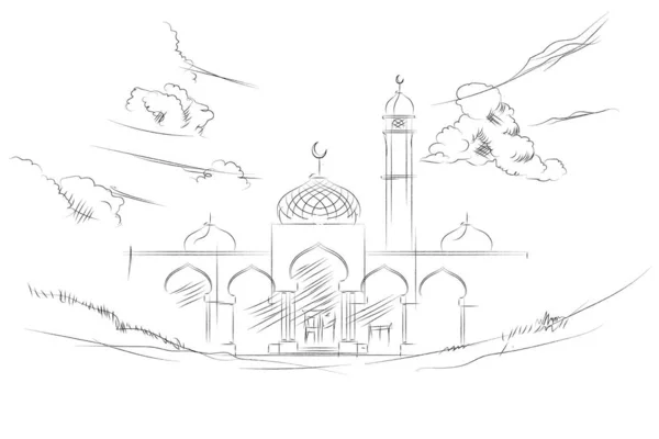 Mesquita mão desenho desenho desenho estilo ilustração. uma mesquita com minarete e cúpula —  Vetores de Stock