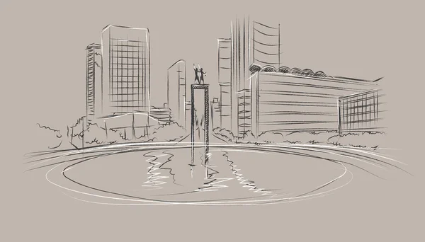 手绘纪念碑欢迎雅加达素描全景大都市天际线建筑与矢量图解 — 图库矢量图片
