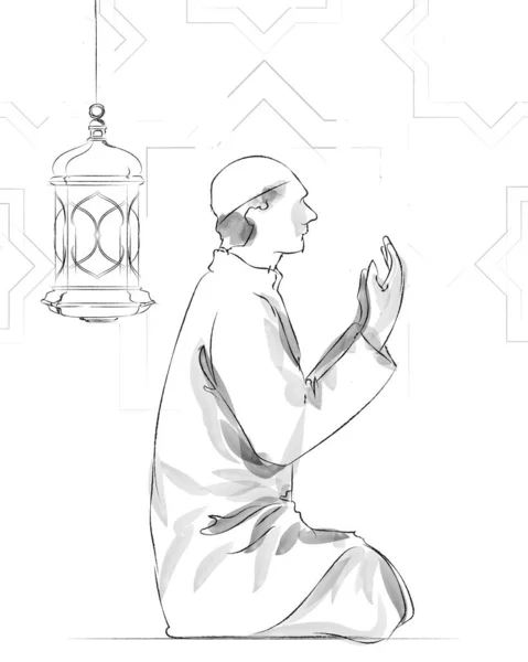 A drawing of a muslim person sitting praying during ramadan sketch vector illustration of lantern — Stock Vector