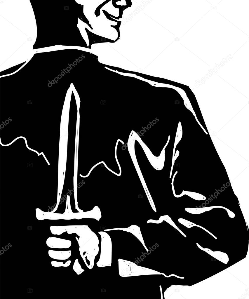 Treacherous concept man holding knife behind body hand drawn white isolated background