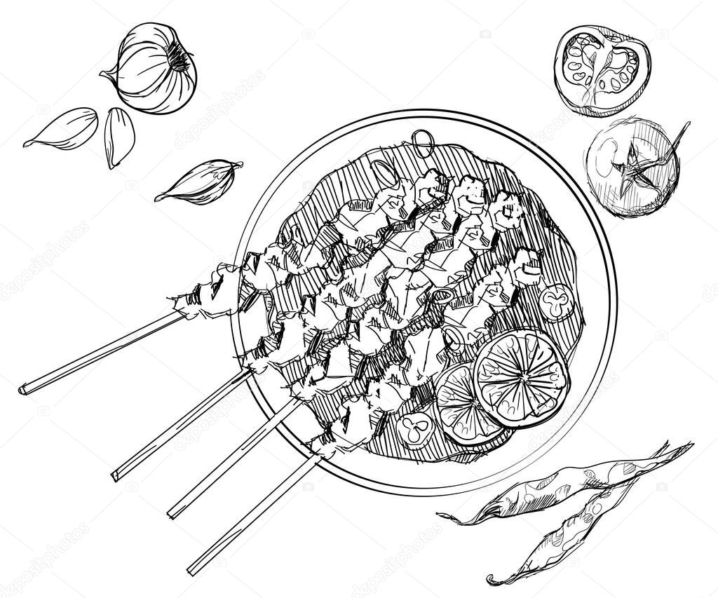 Satay meat lamb chicken grill asian food hand drawn sketches white isolation background with flat style