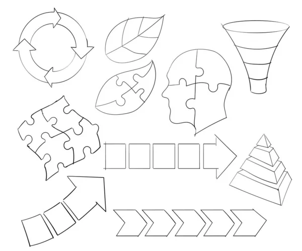 Инфографическая головка воронка стрелка процесса листа пирамиды набор головоломки набор эскизов вручную рисование белого изолированного цвета фона стиль векторного дизайна иллюстрации — стоковый вектор