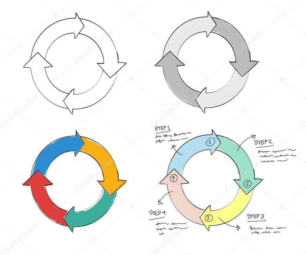 Infographic circle process set collection hand drawn sketches white isolated background
