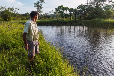 İnsan çalışıyor, tilapia kuluçka çiftliğini besliyor, balıkları besliyor.