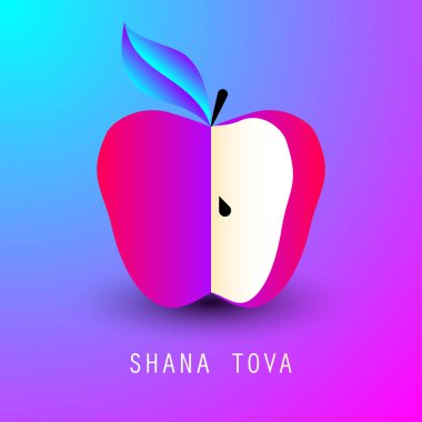 Rosh Hashanah (kırmızı elma) sembollü tebrik kartı. Yahudi yeni yıl kutlaması tasarımı. Mutlu Shana Tova 'lar. İsrail 'de Mutlu Yıllar