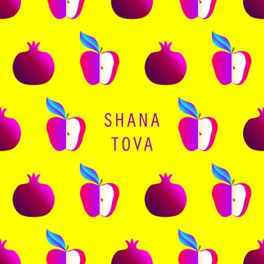 Rosh Hashanah 'ın (nar ve elma) tebrik kartı sembolleri. Yahudi yeni yıl kutlaması tasarımı. Mutlu Shana Tova 'lar. İsrail 'de Mutlu Yıllar
