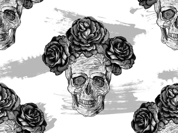 Черно Белый Мексиканский Рисунок Черепами Розами Роза Цветочный Летний Дизайн — стоковый вектор