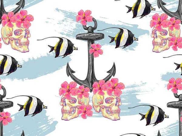 Seamless pattern with skull, flower, fish, anchor. Ocean background. Vacation, travel, summer. Sea life texture. Perfect for wallpaper, pattern fill, web page background, surface textures, textile