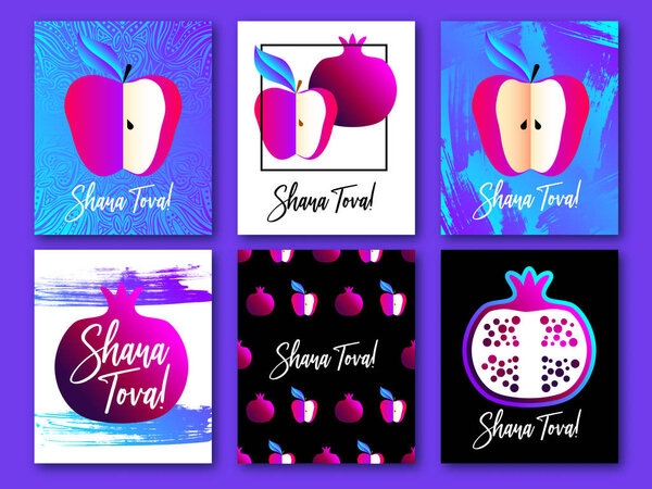 Set of greeting cards with symbol of Rosh Hashanah (pomegranate, apple, honey). Jewish new year celebration design. Happy Shana Tova. Happy New Year in Israel. Backdrop. Rosh Hashanah collection