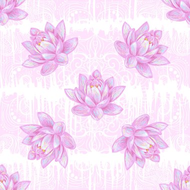 Seamless floral pattern background with tropical pink lotus flower vector background. Perfect for wallpapers, pattern fills, web page backgrounds, surface textures, textile