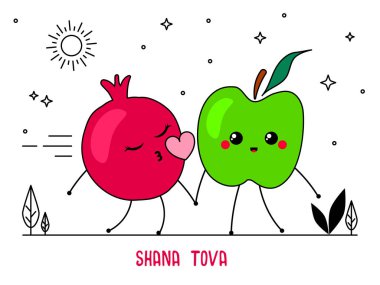 Rosh Hashanah 'ın Yahudi bayramı kavramı. Yahudi yeni yıl kutlaması tasarımı. Mutlu Shana Tova 'lar. Elma, nar.