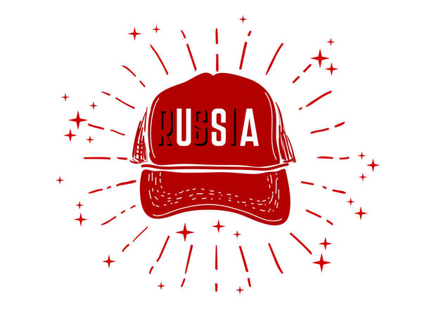 Red baseball cap on white. USA. Russia. Emblem. Monochrome graphic style. Badge. Vector illustration
