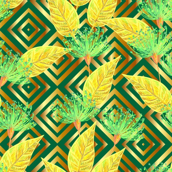シームレスな熱帯ゴールド高級葉とエキゾチックな花のベクトルの背景パターン パターンの塗りつぶし Web ページの背景 表面のテクスチャ 繊維に最適 — ストックベクタ