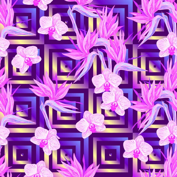 Patrón Verano Sin Costuras Con Orquídea Pájaro Del Paraíso Flores — Vector de stock