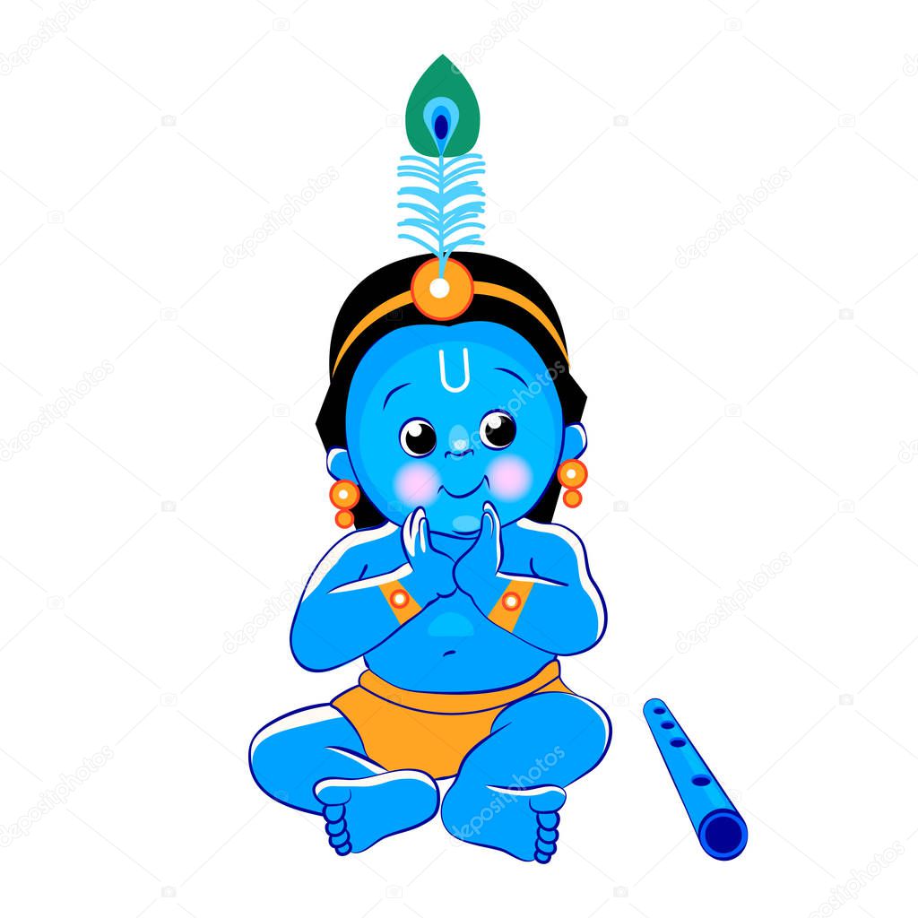 Krishna. Happy Janmashtami. Blue baby on white background for your design. Indian celebration